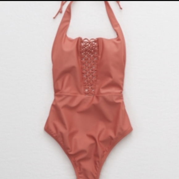 🆕aerie | Macrame Scoop Neck Halter 1 Piece Swimsuit Bathing Suit Size Medium - Picture 3 of 3